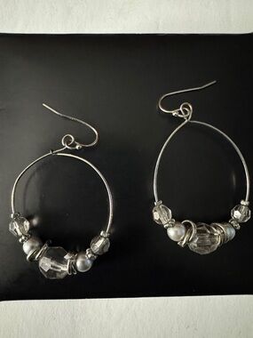 Silver Hoop Earrings with Clear Crystal Beads - Women Jewelry